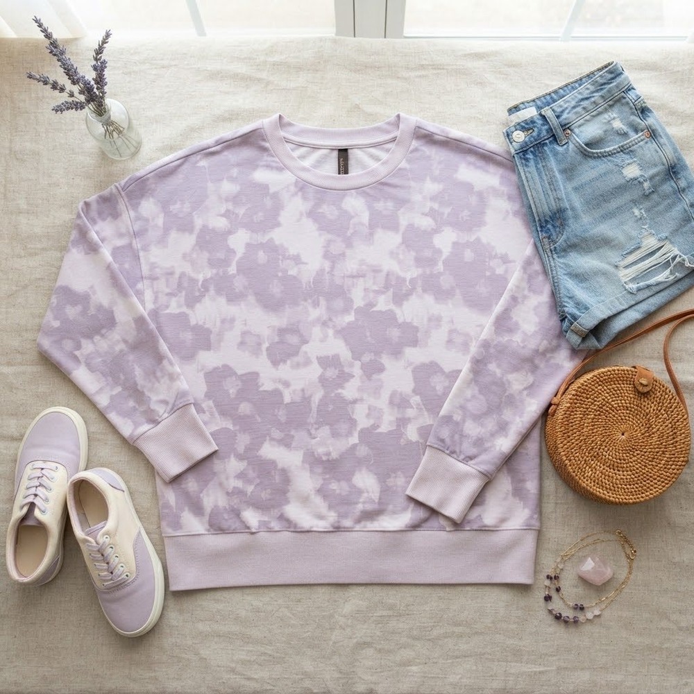 Mondetta Womens XL Lavender Floral Cloud Print Crewneck Sweatshirt Pullover